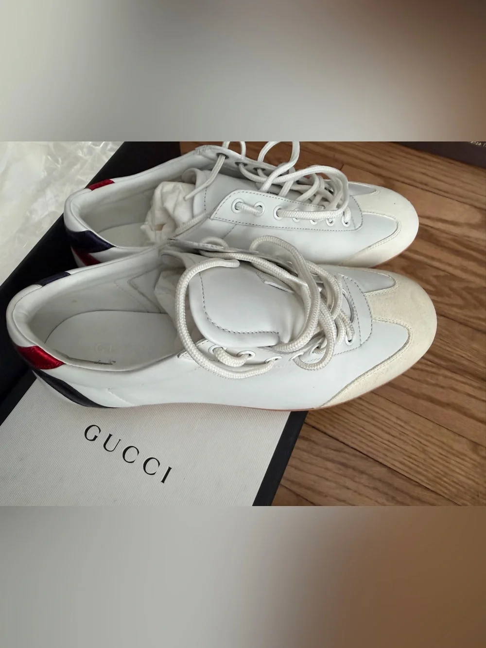 Gucci White Leather Sneakers with Navy and Red Accents